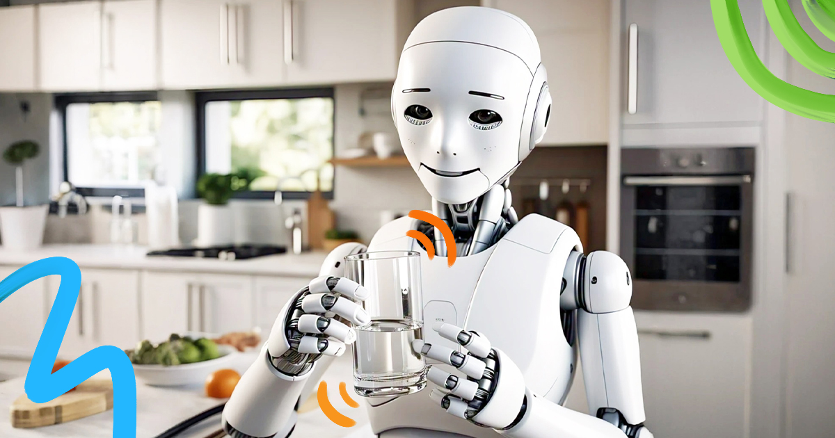 Robot humanoide IA sosteniendo un vaso de agua